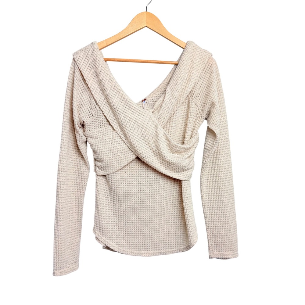Free People Cream Waffle Knit Wrap Front Long Sleeve Thermal Top Large‎